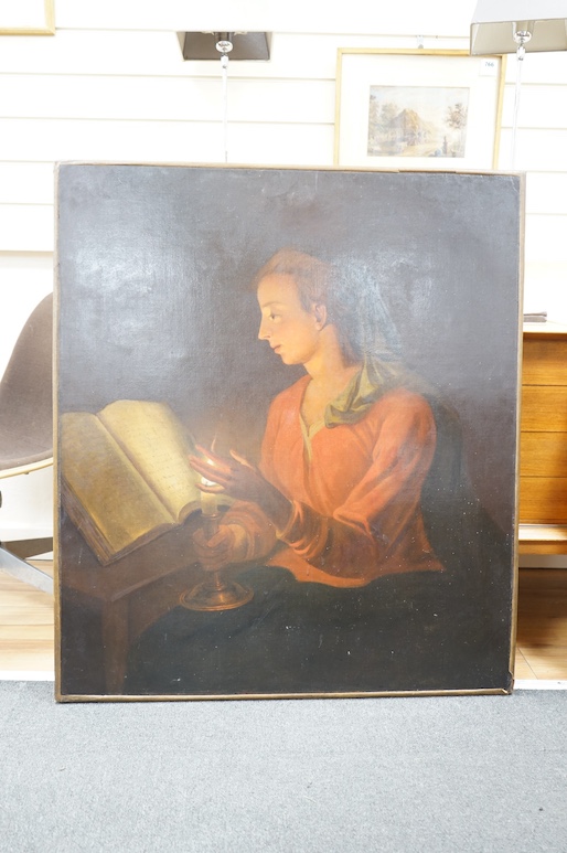 19th century School, oil on canvas, Study of a lady reading by candlelight, unsigned, 101 x 89cm, unframed. Condition - fair, re-lined